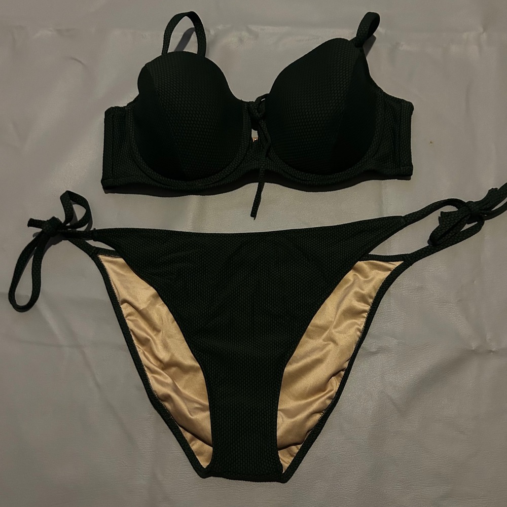 Shade & Shore Forest Green Textured Underwire Bikini Set 36C Top‎ Large Bottoms